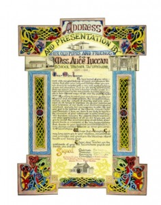 WXCA/P324 Illuminated address presented to Miss Alice Luccan on the occasion of her retirement as school teacher from Tacumshane school after 35 years’ service (1909-44)